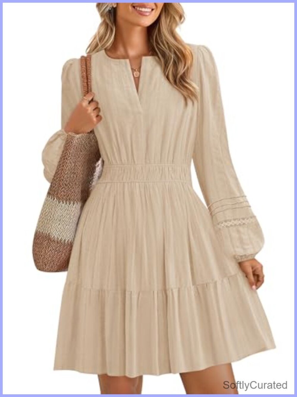 Long Sleeve V Neck Flowy Mini Dress 100% Cotton A Line
